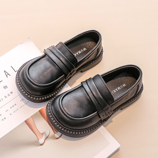 Shepherd Niu (MUTONGNIU) girls' shoes, children's small leather shoes, new spring and autumn soft-soled genuine leather baby British style single shoes, black, off-white, 25, inner length of the shoe 16.2CM, foot length about 15.4