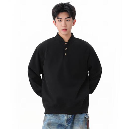 Homlean Heavy Henley Collar Solid Color Sweatshirt Men's Spring Fashion Versatile Loose Casual Bottoming Top HQ00 Black L