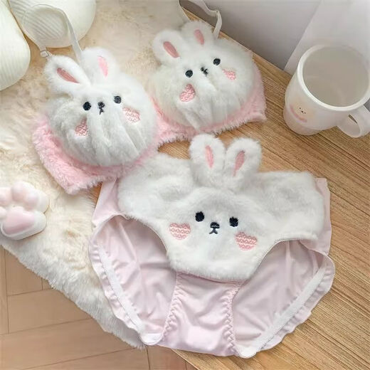 Renduo Small Breast Underwear Lucky Cat Underwear Furry Rabbit Plush Bra Super Cute Underwear Complete Set Carrot Rabbit-White 70A 32 S/70AB Cup