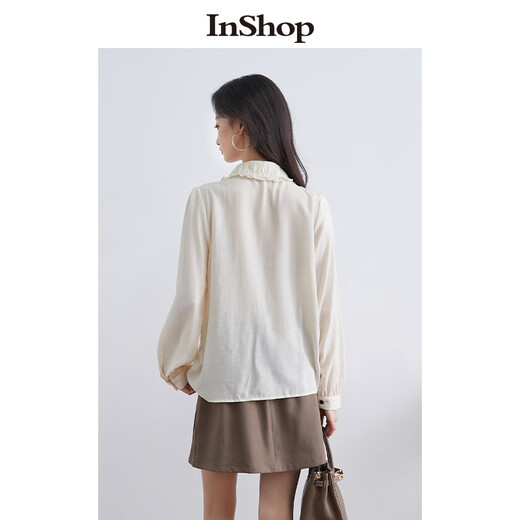 InShop shopping mall same style new women's retro literary college style bow tie shirt age-reducing long-sleeved top apricot S
