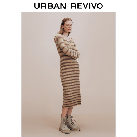 UR[HOT]2025 autumn new women's casual striped waist-hugging knitted dress UYL950131 khaki stripes (fabric slightly tied) M