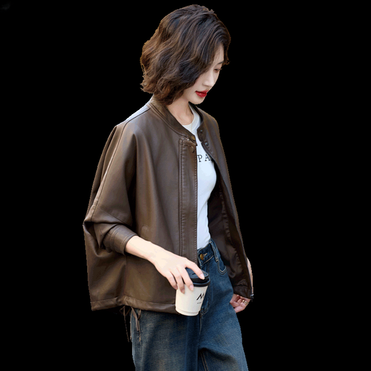 Homesee International Light Luxury High-end Jacket 2025 New Maillard Leather Jacket Women's Short Loose Casual Retro PU Brown M Recommended 115Jin Jin is equal to 0.5kg and below b
