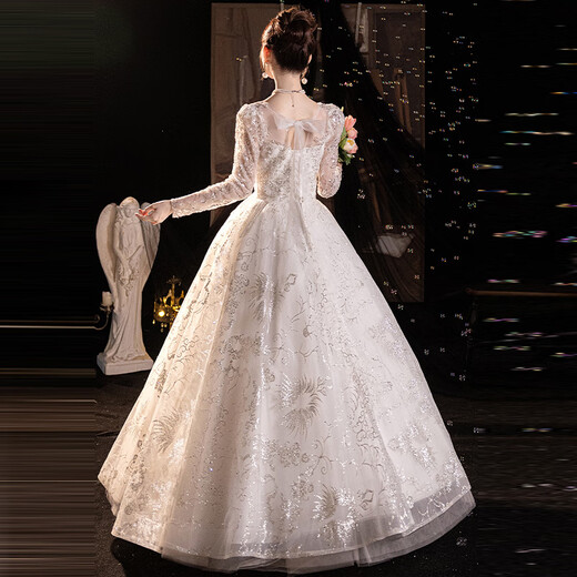 Wei Lianmenglan one-shoulder French light wedding dress 2025 new main yarn textured long-sleeved wedding dress for little brides white floor-length style (wedding dress + 8-piece set) XS weight 80Jin Jin is equal to about 0.5 kg
