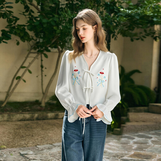 Olrain Ou Ruier new women's autumn French retro fresh embroidered short shirt white shirt white XL