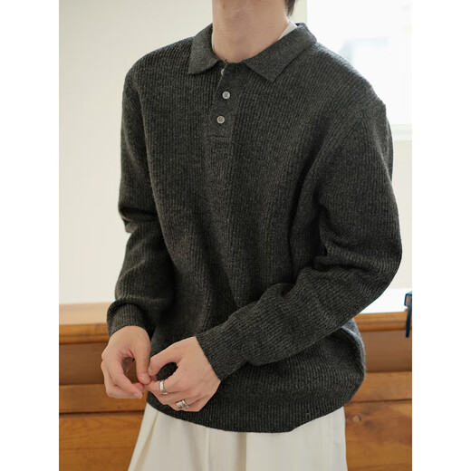 Old money style pique ground lapel POLO shirt sweater autumn and winter new lazy trend men's Henry collar versatile knitted sweater light gray 2XL (150-170Jin Jin equals 0.5 kg)