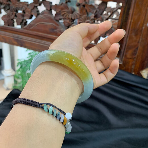 FALRIA Burmese jadeite bracelet ice type genuine ice waxy type yellow jade floating flower full circle high ice jade bracelet jade bracelet yellow jade 59mm