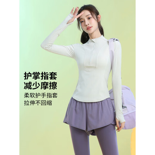 Best velvet new long-sleeved yoga clothes for women autumn and winter half-zip fitness quick-drying high-end training Pilates tights light apricot long-sleeved M