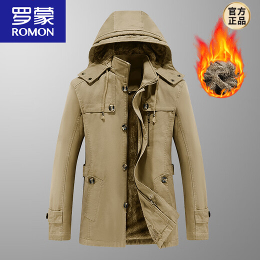 罗蒙（ROMON）纯棉男士秋冬季加绒加厚休闲连帽大码夹克衫风衣外套防风保暖棉袄 加绒黑色 厚款 L 建议110-120斤