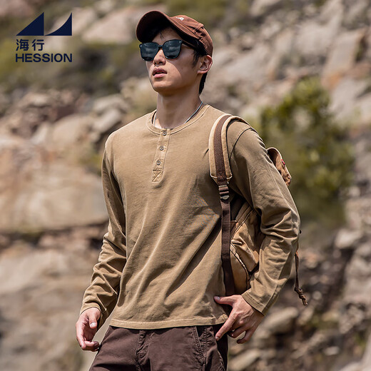 Hai Xing Henry Collar Long Sleeve T-Shirt Men's Loose Solid Color Bottoming Shirt Autumn Casual T-shirt Men's Top Brown XL