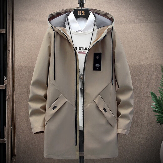 2025 Autumn and Winter New Men's Jacket Casual Loose Mid-Length Windbreaker Handsome Trendy Velvet Thickened Cotton Jacket Khaki Velvet Thickened 4XL