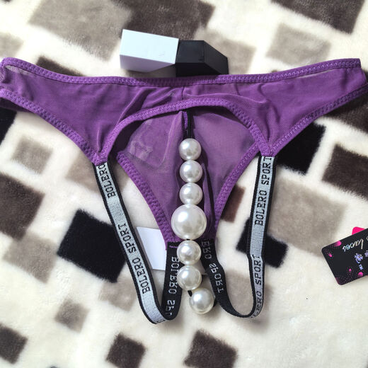 Customized underwear with beads for men, sexy exposed butt mesh, thin 7 large beads, massage back door personalized thong, black, one size fits all