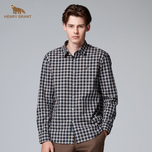 HENRY GRANT Henry Grant plaid shirt men's shirt unprocessed plaid comfortable regular long-sleeved business navy blue (QSC243050U111) 46 (170/88A)