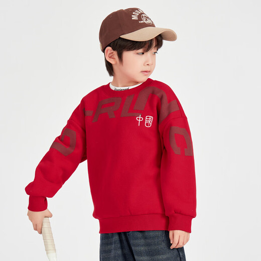 Many boys' national trend plus velvet red sweatshirt New Year's clothing autumn and winter casual sports tops for older children