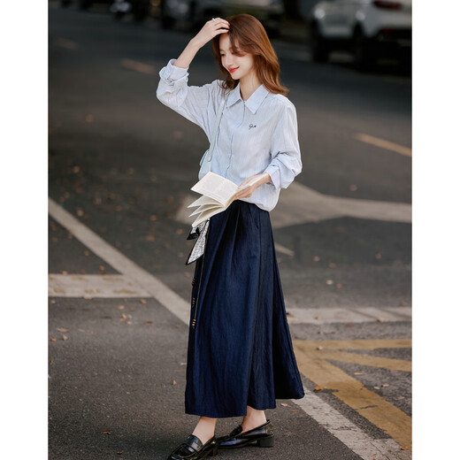 Shangjing temperament commuter style fashion suit 25 new autumn striped shirt and strappy skirt two-piece set