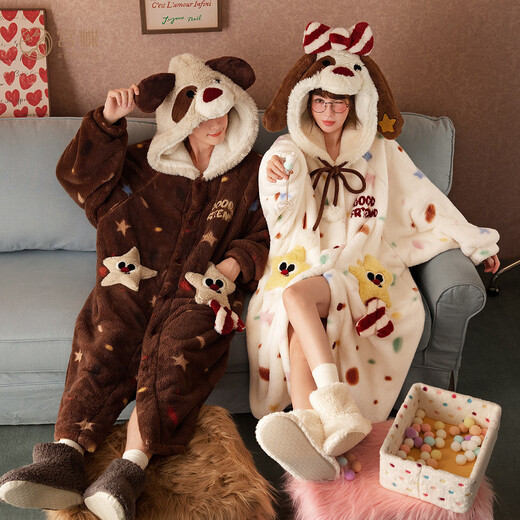 Gongdie thermal storage type autumn and winter couple pajamas for women thickened coral velvet cartoon puppy home clothes pajamas for men