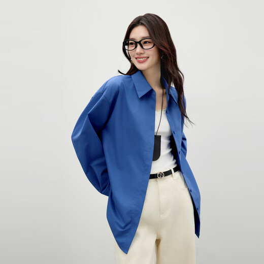 Qiushui Yiren Temperament Lapel Shirt 2025 Winter New Women's Fashion Simple Button Pocket Design Jacket Serenity Blue XL
