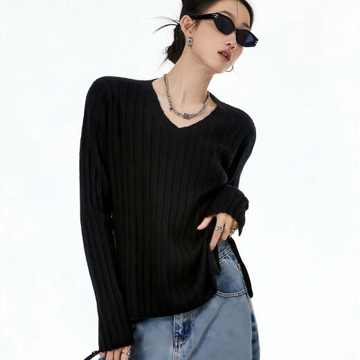 ICH MODE American sweater women's spring and autumn loose inner knitted bottoming shirt long-sleeved lazy style top black S