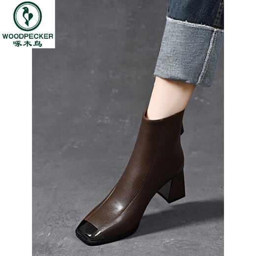 Woodpecker 2026 New Spring and Autumn Square Toe Short Boots Women's Genuine Leather High Heel Ankle Boots Autumn and Winter Thick Heel Medium Heel Leather Shoes Plus Velvet Women's Shoes Black Single Liner Heel Height 6cm 41