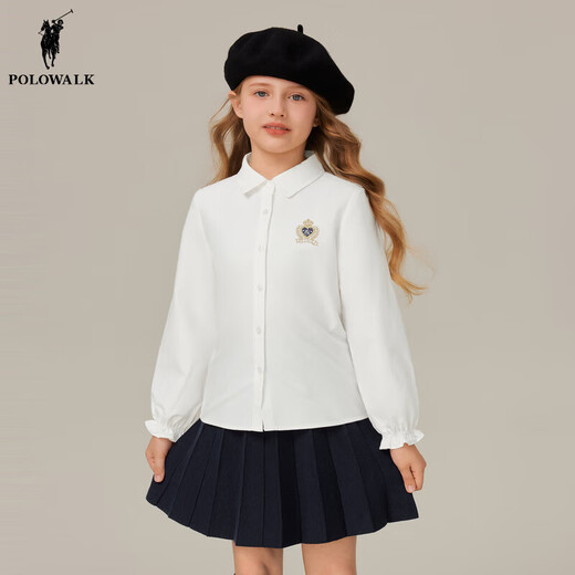 POLOWALK children's clothing girls long-sleeved shirt 2025 autumn new versatile casual middle and large children's lapel top white 120 120cm