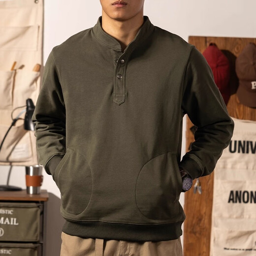 Kazuki Kuraishi KAZUKI KURAISHI trendy brand retro Henley collar sweatshirt men's 2025 autumn and winter Japanese pullover stand collar pure cotton heavyweight long-sleeved Henley shirt black M