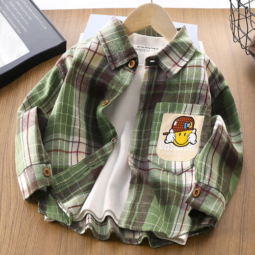 Korean style trendy boys' V-neck boys' long-sleeved casual plaid shirt tops Korean style spring and autumn cardigan p283 plaid shirt - white and green plaid size 110 recommended height 100-cm