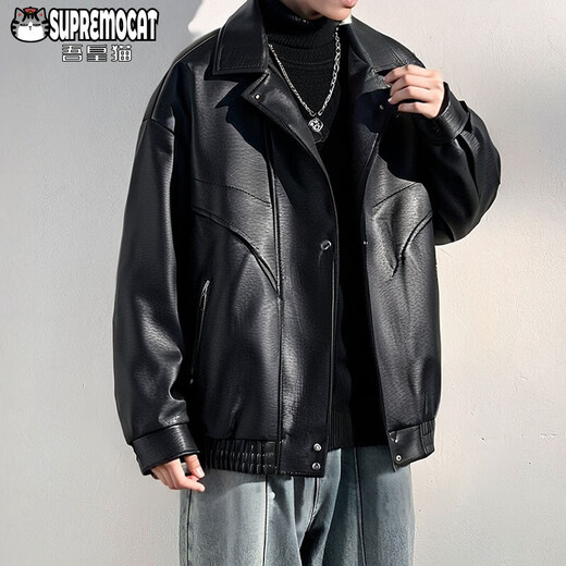 My Royal Cat American Leather Jacket Men's Spring and Autumn Versatile Retro Handsome Versatile Motorcycle Leather Jacket WJ14 Black XL