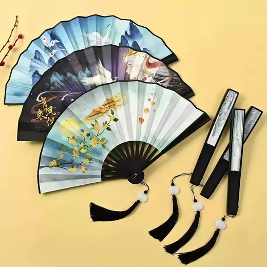 Yusen Yi Hanfu Fan Boys' National Style 8-inch Plastic Fan Tassel Pendant National Fashion Folding Fan Children's Silk Cloth Ancient Style Unbreakable Youfeng Laiyi