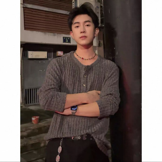 Yingtang Henry Collar Vertical Striped Sweater Men's Autumn Long Sleeve Top Loose Lazy Loose Feeling Bottoming Sweater Gray M One Size