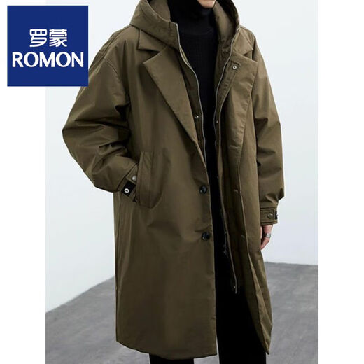 ROMON 2025 Autumn and Winter New Men's Black Coat Men's Jacket Fake Two-Piece Hooded Mid-Length Wind Clothes Trendy Texture Classic Black Spring and Autumn/Coat/German Style/Large Size M Recommended 85-105Jin Jin is equal to 0.5 kg