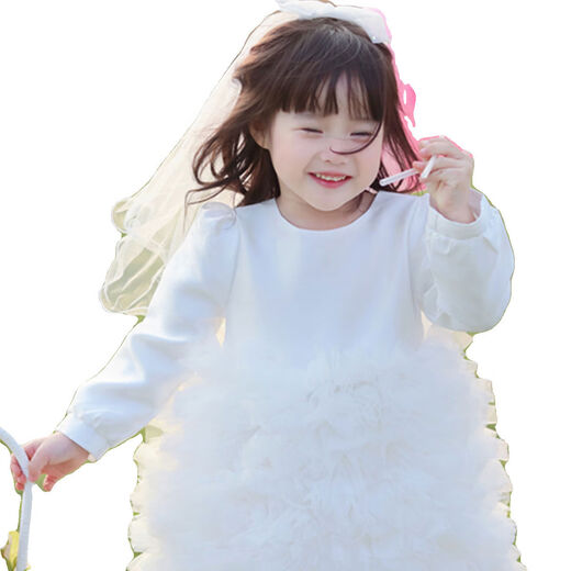 White girl's first birthday wedding dress, flower girl wedding dress, female princess dress, short-sleeved dress, tutu skirt, white short-sleeved dress, veil 80 80cm