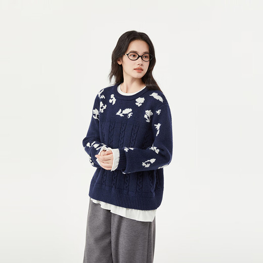 Birds and New Wine Round Neck Long Sleeve Wool Sweater Women's 2025 Winter New Blue Jacquard Sweater Women's Top Full Pattern Indigo HPH07 S