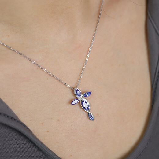 GEM STONE KING 1.4 carat tanzanite necklace for women 925 silver 10K gold two-color inlaid colorful gem pendant cross clavicle chain gift