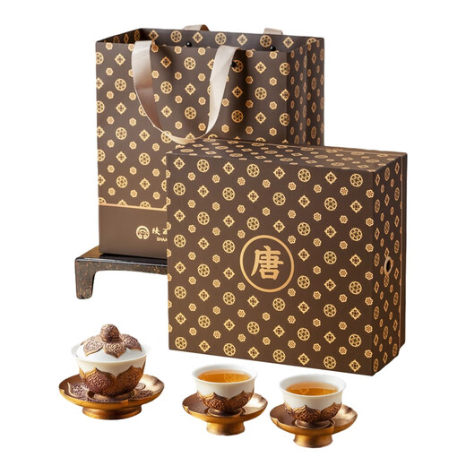 Wanqiantang (Edenus) jointly branded Shaanxi Libo high-end complete set of tea sets, ceramic household covered bowl set, tea cup, accompanying gift box, Tang Dynasty golden bowl, as a gift (white sand glaze) 1 covered bowl, 1 bowl holder, 2 cups and 2 saucers