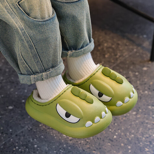 Winter children's cotton slippers for boys and girls EVA waterproof plus velvet to keep warm parent-child baby shoes with heel for home, dark green (heel) 12 190 size (shoe inner length 18CM, suitable for feet 17