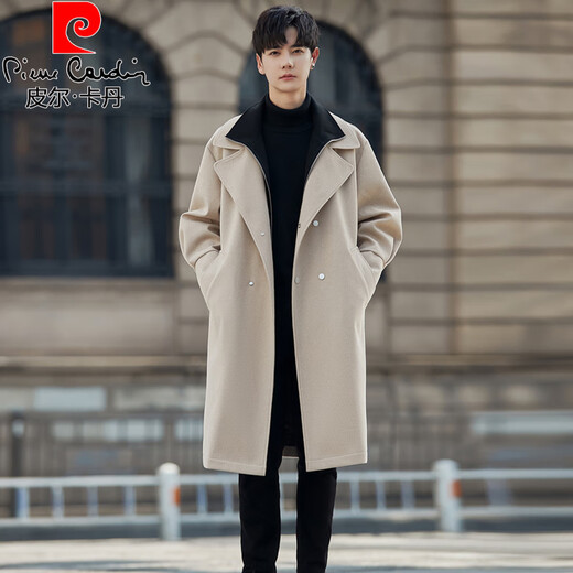 Pierre Cardin 2025 autumn and winter two-piece woolen men's coats, men's windbreakers, men's medium-length thickened coats, color-blocked double plackets, black M
