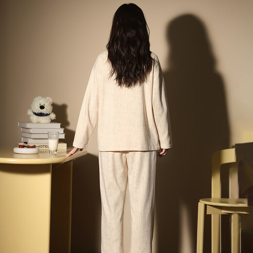 LangSha pure cotton pajamas couple wear for one man and one woman spring and autumn casual cartoon monk collar 100% cotton can be worn outside home clothes 8077 couple L female + 2XL male