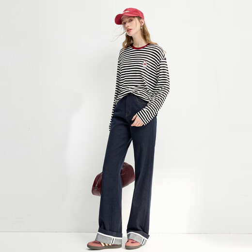 Qiushui Yiren Fashionable Simple Striped Top 2025 Spring New Commuting Style Contrast Color Ribbed Collar