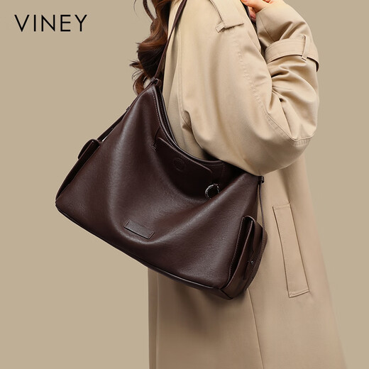 Viney cowhide tote bag women's bag large capacity crossbody bag brand birthday gift for girlfriend and wife brown practical shoulder bucket bag light luxury high-end fashion versatile casual commuting bag