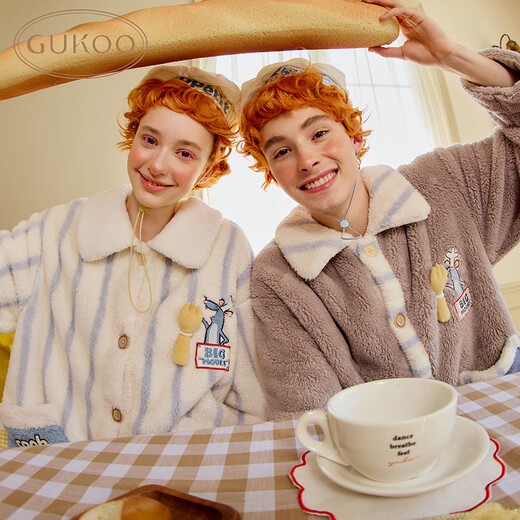 Gukoo Couple Pajamas Winter Coral Velvet New Ratatouille Joint Women's Homewear Jumpsuit Men's Pajamas D Light Blue Men's Jumpsuit XL