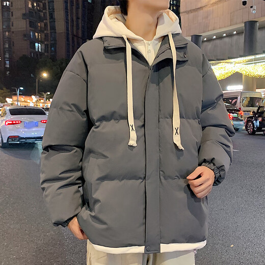 Playboy (PLAYBOY) fake two-piece hooded thickened cotton coat for men autumn and winter 2026 new cotton coat jacket for men loose warm bread coat 636# dark gray M recommended 90~120Jin Jin equals 0.5 kg to wear