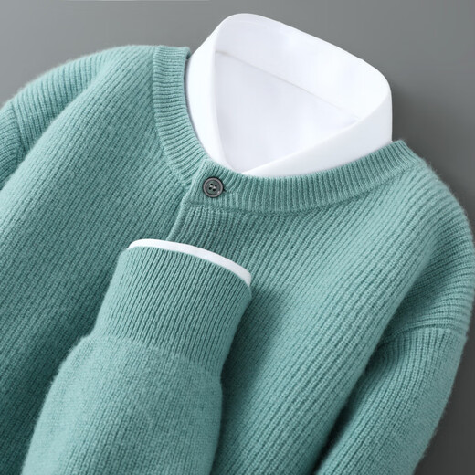 SATCHI twelve-needle double-strand Australian wool cardigan autumn and winter men's Henley collar sweater short loose sweater jacket light gray S