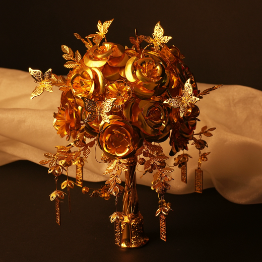 Flower wedding gifts bride wedding gifts Chinese style Xiuhe clothes accessories for best friend golden high-end imitation gold hand-held flowers Golden branch roses Finished product (made) + acrylic gift box