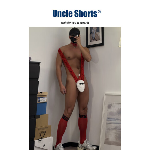 Uncle Shorts sexy Christmas onesie set men's underwear red V-neck suspender triangle thong red onesie_sexy Christmas onesie three one size fits all 110-180Jin Jin equals 0.5 kg