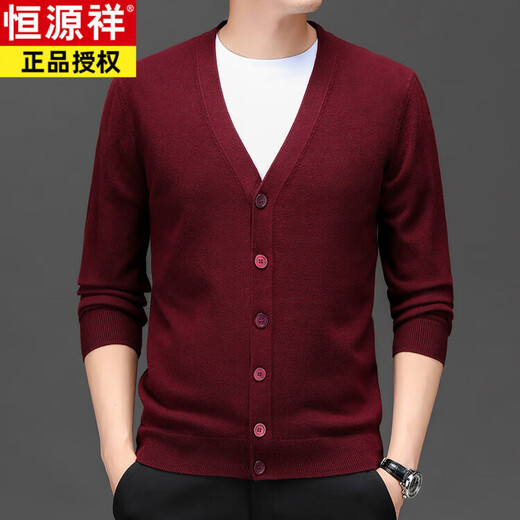 Hengyuanxiang (HYX) Sheep | Wool Knitted Cardigan Jacket Men's Autumn and Winter New Solid Color V-neck Loose Versatile Sweater for Middle-aged and Elderly People Chinese Red 165/80A