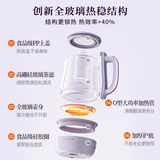 Joyoung 1.5L all-glass boiling health pot tea maker, 0 glue glass filter stew pot, floral teapot, water boiling and heat preservation integrated fully automatic constant temperature electric kettle 15WY10J