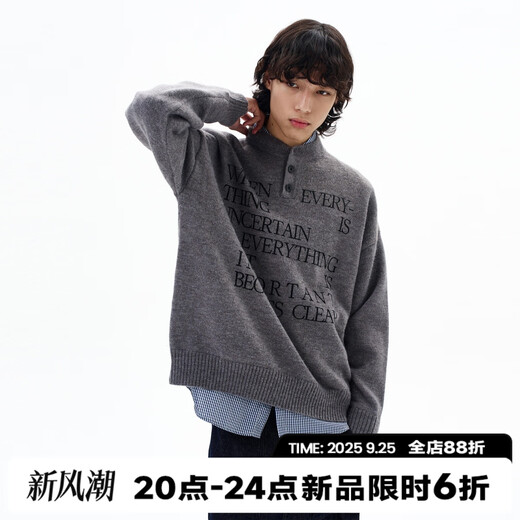 Oiro's shop American retro lazy high-end knitted Henley shirt men's letter printed green sweater couple trend medium gray M