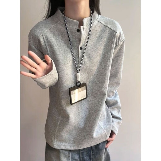 WVZW American Henry collar polo shirt sweatshirt for men and women in autumn deconstructed splicing long-sleeved T-shirt cleanfit shoulder top gray 2XL (recommended 135-150Jin Jin equals 0.5 kg)