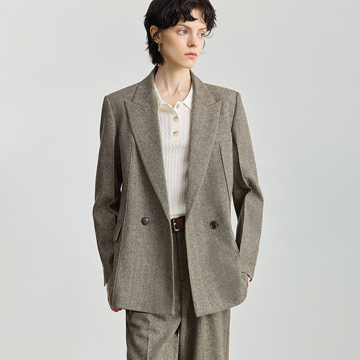 LILY2025 new winter women's wool blended old money style herringbone pattern commuter khaki suit jacket 717 Khaki M