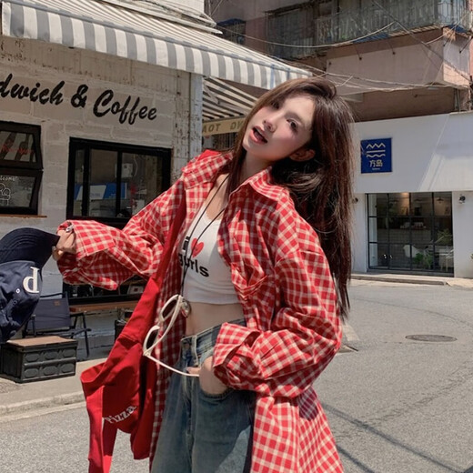 Lugeli shirt jacket for women spring and summer 2025 new retro plaid long-sleeved shirt niche design loose cardigan red plaid shirt L