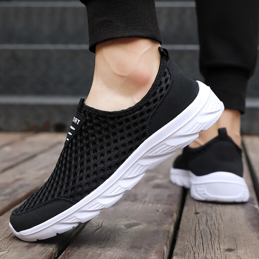 The same brand of shoes for the elderly, women's summer breathable hollow mother's shoes, mesh father's shoes, middle-aged and elderly walking shoes for men, 838 black and white 44